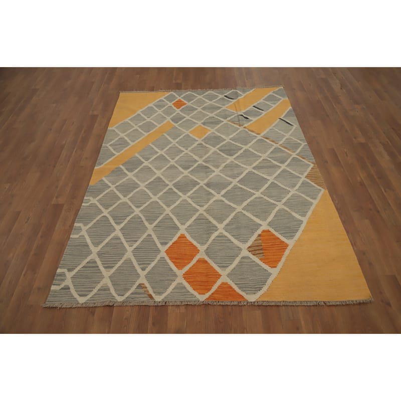 Hand Woven Oriental 100% Wool Carpet Southwestern Modern Greys & Charcoal Kilim Area Rug - 6' 6'' X 4' 9''