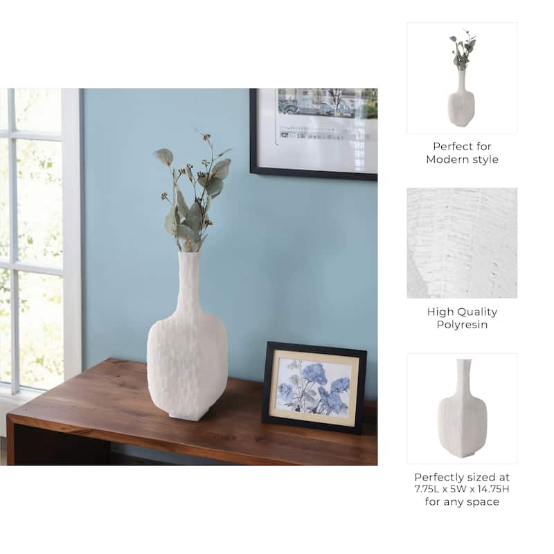 Resin Geometric Vase Textured Square Base For Home Decor - 15" White