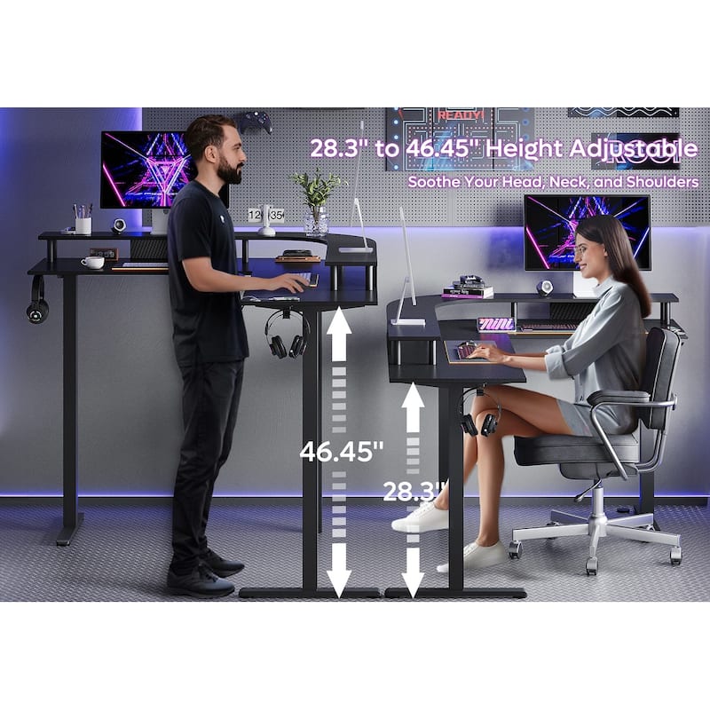 63" L Shaped Standing Desk Gaming Desk with Adjustable Height Ergonomic Monitor Stand Corner Desk