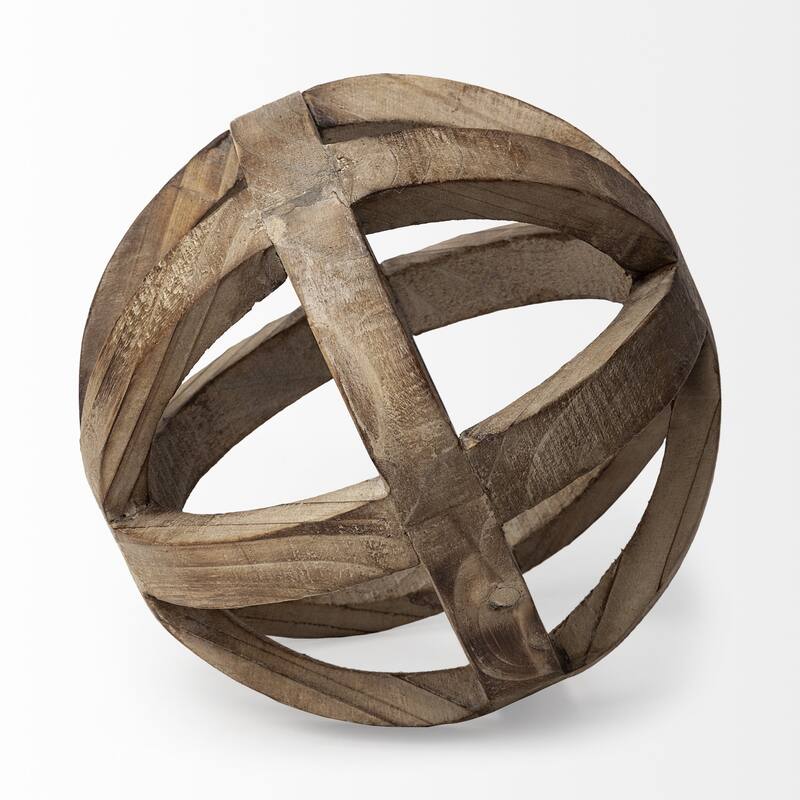 Brown Wooden Hollow Orb Sculpture - 8" W x 8" D x 8" H