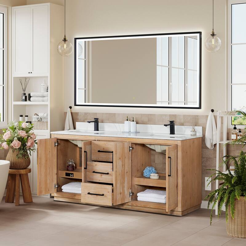 Floral Single Bathroom Vanity in Light Brown with Calacatta White Quartz Countertop with Mirror