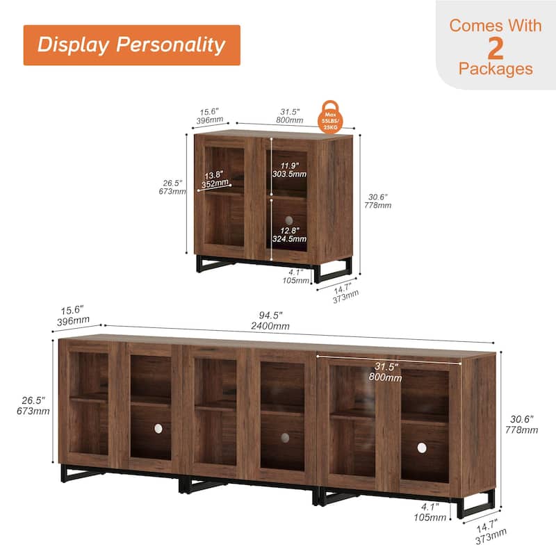 WAMPAT Modern TV Stand with Glass Doors for 110 inch TVs, Entertainment Center Console with Adjustable Shelves and Metal Base