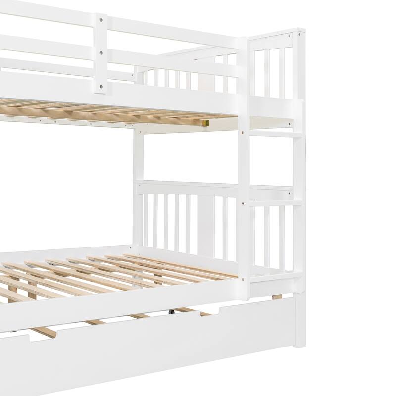 Full over Full Bunk Bed with Twin Trundle and Ladder, White Finish, Space-Saving Design