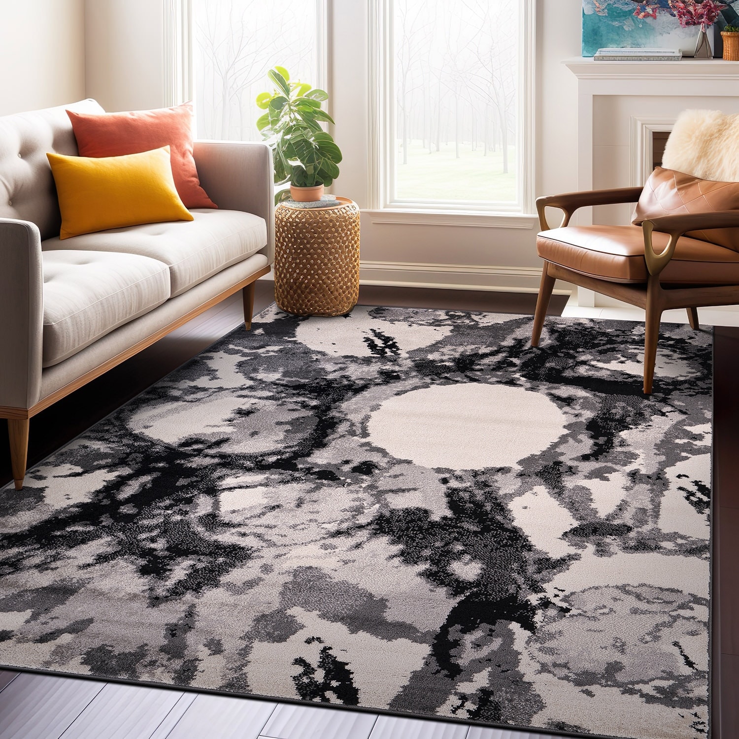 World Rug Gallery Contemporary Abstract Circles Black Area Rug