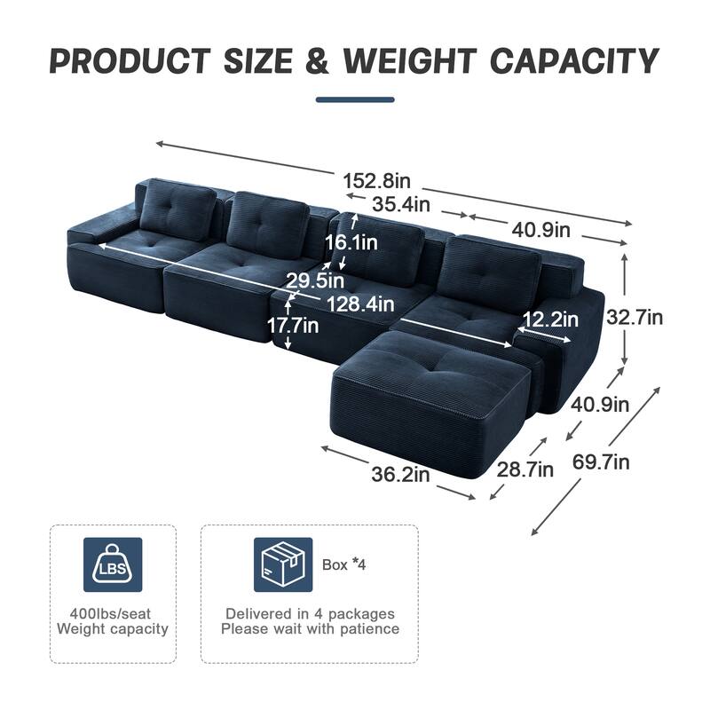 L-Shaped Sectional Couch with Ottoman, Oversized Modular Corduroy Sofa