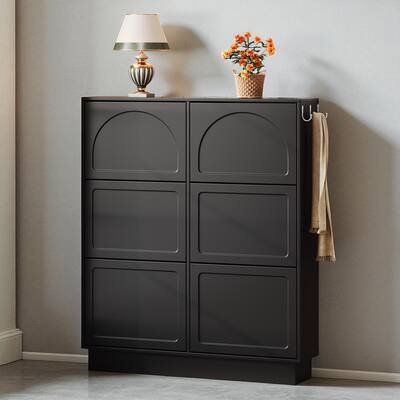 Narrow Shoe Cabinet with 6 Flip Drawers, Adjustable Partitions, Entryway Organizer with Hooks, MDF Veneer Finish