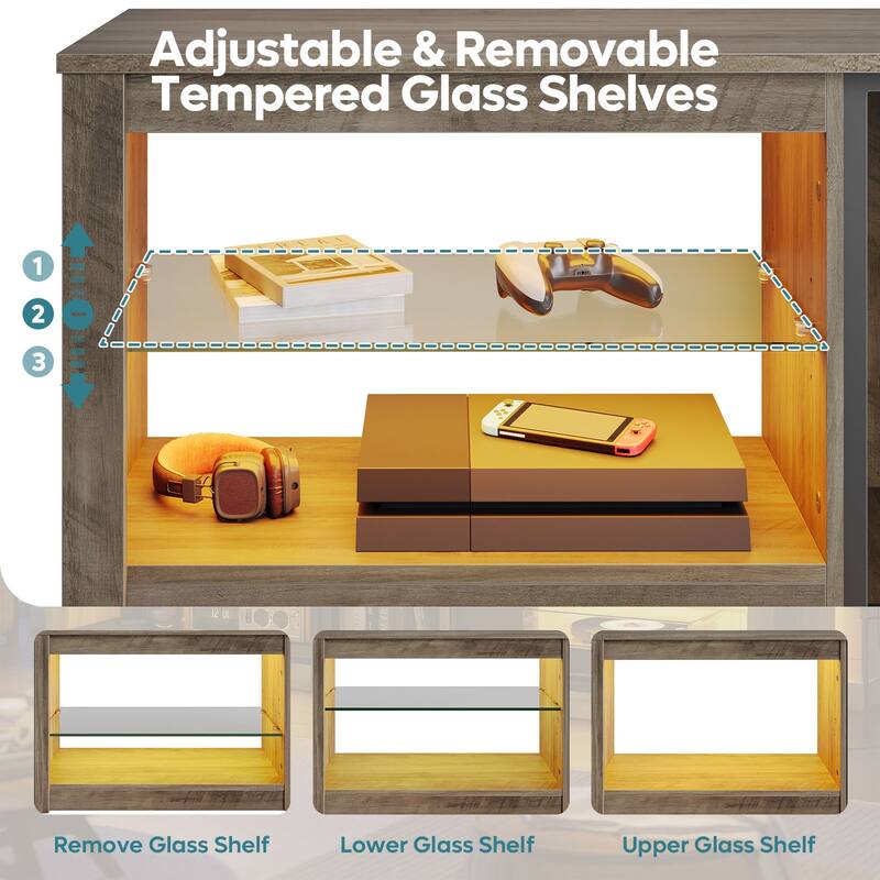 63" TV Stand Gaming Entertainment Center for TVs up to 70" with LED Lights Cabinet and Shelves