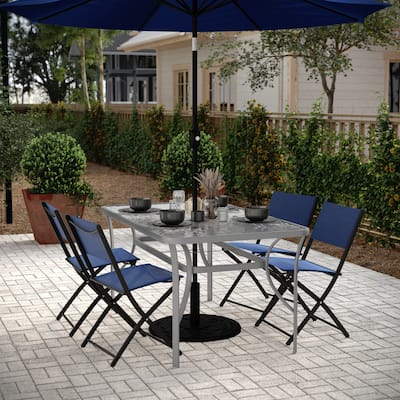 Commercial Tempered Glass and Steel Patio Table with Umbrella Hole