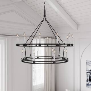 Matte Black Wagon Wheel Chandelier 2 Tier 20-Lights Large Industrial Light Fixture