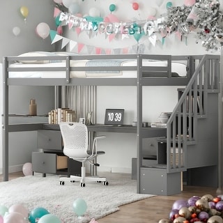 Twin Size Loft Bed Frame with Built-in Desk and Double Storage Drawers for Kids - Gray