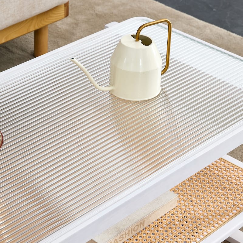 White Double-Layer Coffee Table, Glass Tabletop Imitation Rattan Side Table, Rectangular Solid Wood Table for Living Room