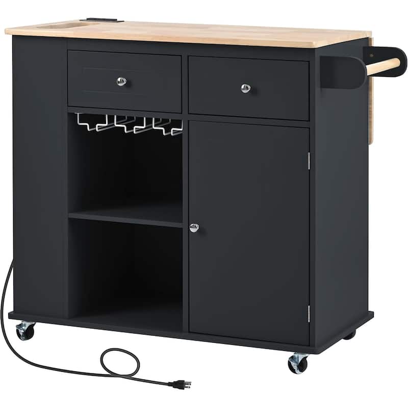 Roomfitters Kitchen Island with Power Outlet, Kitchen Storage Island with Drop Leaf and Rubber Wood, 5 Wheels