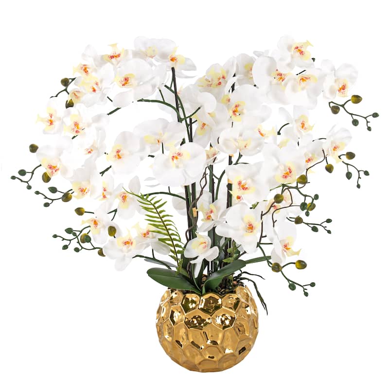 11 Stems Real Touch White Phalaenopsis Orchids with Green Leaf in Gold-Plated Ceramic Pot - 29.13" H x 29.13" W x 29.13" D