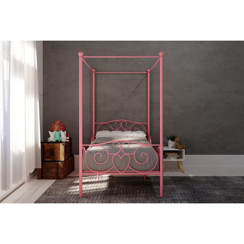 Whimsical Heart-Design Canopy Metal Bed with Slat Support System