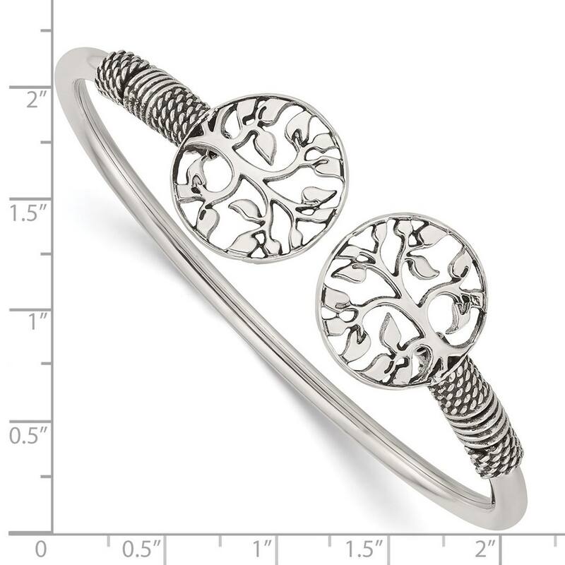 Curata 925 Sterling Silver Antiqued Tree of Life Adjustable Bangle Bracelet