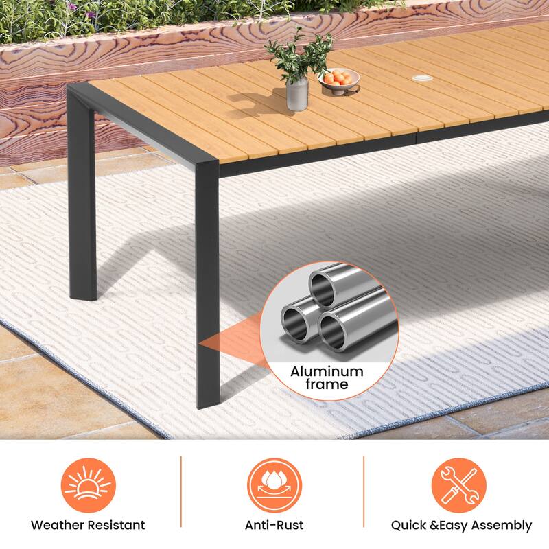 9-Piece Outdoor Patio Dining Set Wood Like Aluminum Umbrella Hole Table with Stackable Chairs, Market Umbrella and Base