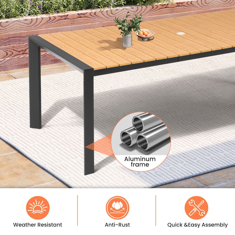 Set of 9 Outdoor Patio Dining Set WoodLike Aluminum Umbrella Hole Table with Rattan Chairs, Market Umbrella and Base