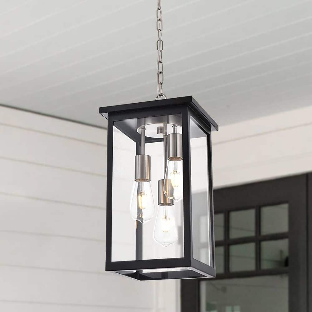 Black and Brushed Nickel Outdoor Pendant Light Fixture, Exterior Chandelier Hanging Lantern, Anti-Rust Waterproof