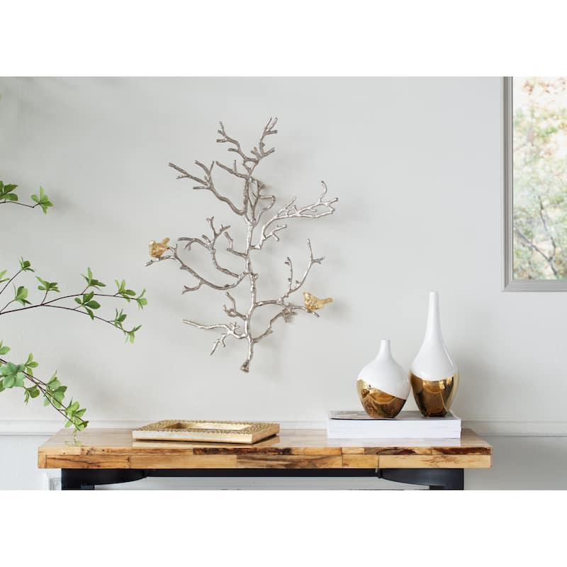 Modern Metal Branch Wall Decor Set of 2 with Bird Accents, for Living Room Office and Entryway Decor