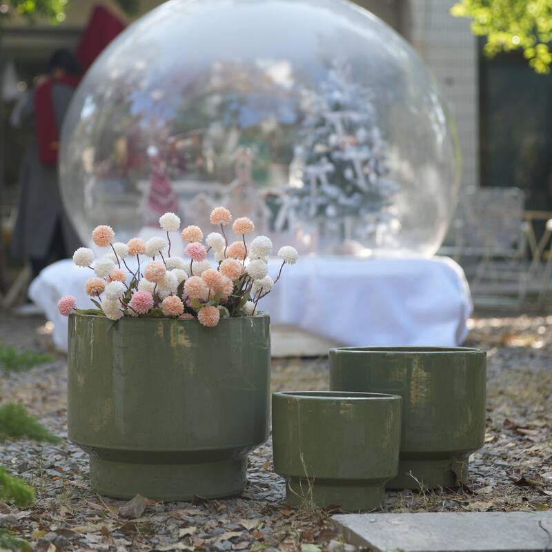 Anmytek 3 Piece Ceramic Planter Set with Glossy Olive Green Finish, Porous Micro Hole Texture for Air Circulation