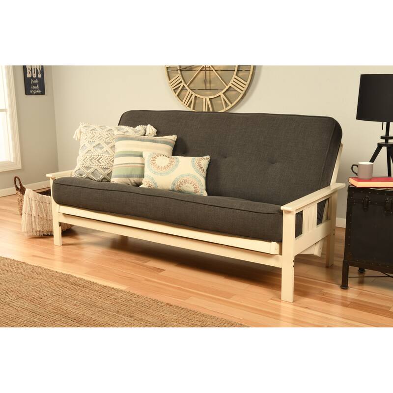 Porch & Den Kern Antique Wood Futon Set with Innerspring Mattress - Linen Charcoal