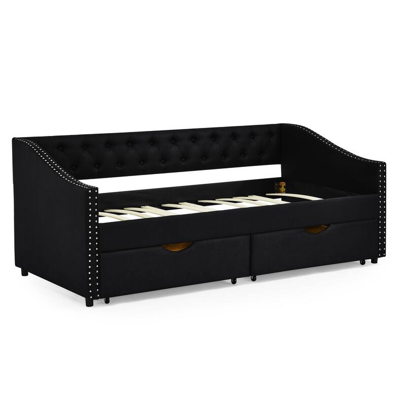 Roomfitters Twin/Full/Queen Upholstered Daybed with Tufted Backrest, Nailhead Trim and Underbed Storage Trundle
