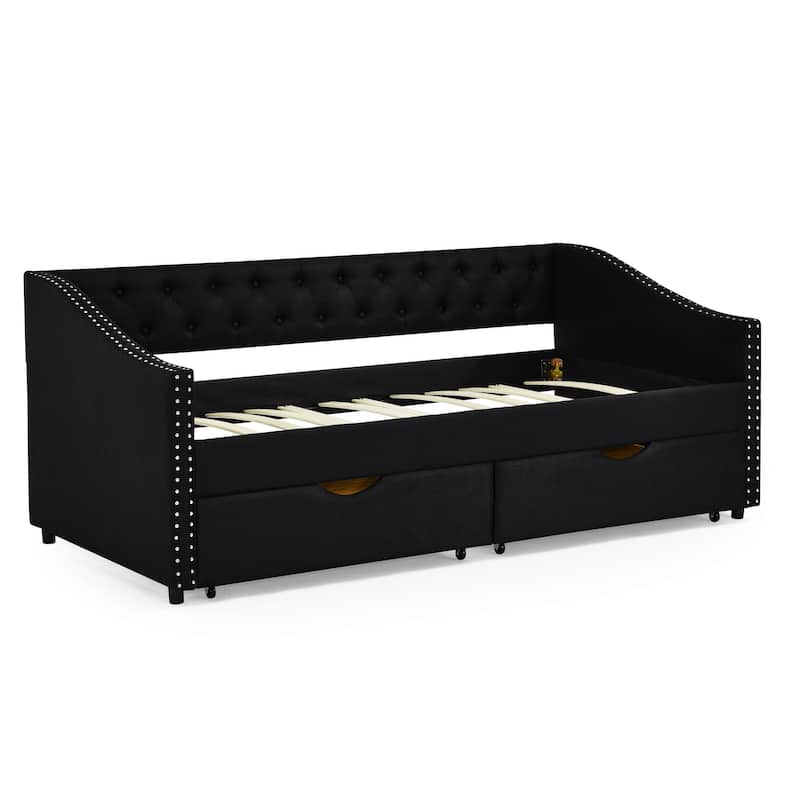 Tufted Button Daybed with 2 Storage Drawers/Upholstered Sofa Bed Frame w/Copper Nail on Waved Shape Armrests/No Spring Box Need