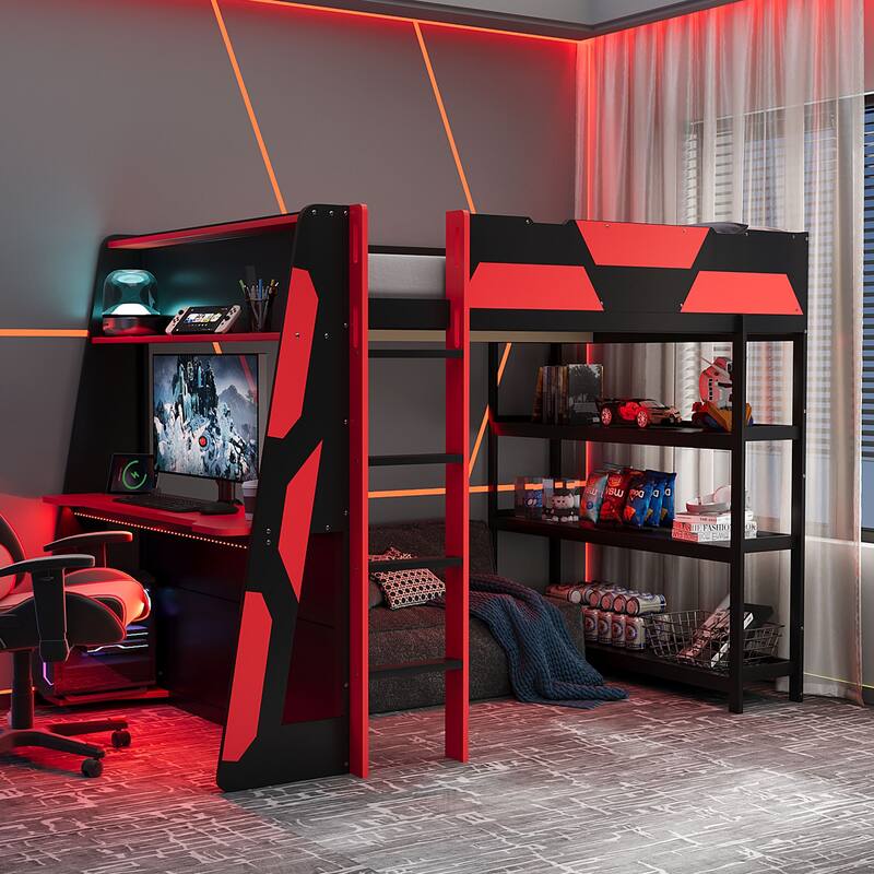 Full Size Gaming Loft Bed Station with Desk, Storage Shelves & RGB LED Lights - Red - Full