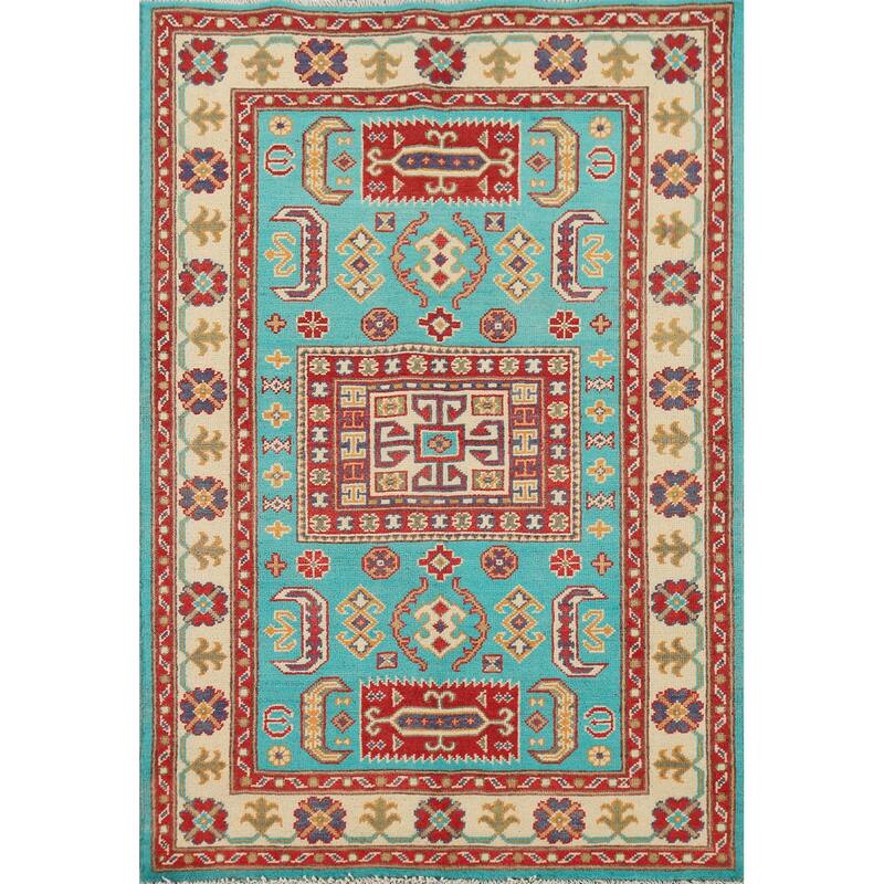 Turquoise Blue Kazak Accent Rug Handmade Wool Carpet - 3'4" x 5'1"