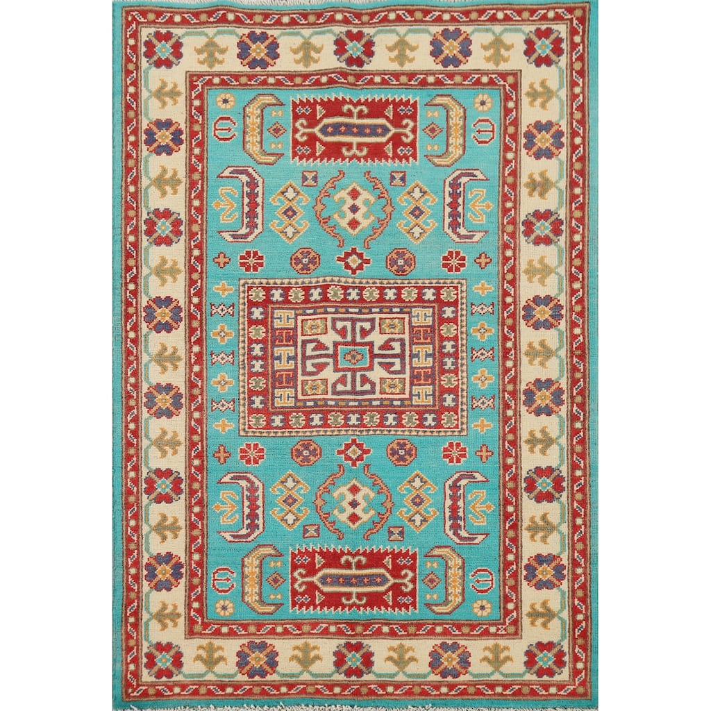 Turquoise Blue Kazak Accent Rug Handmade Wool Carpet - 3'4" x 5'1"