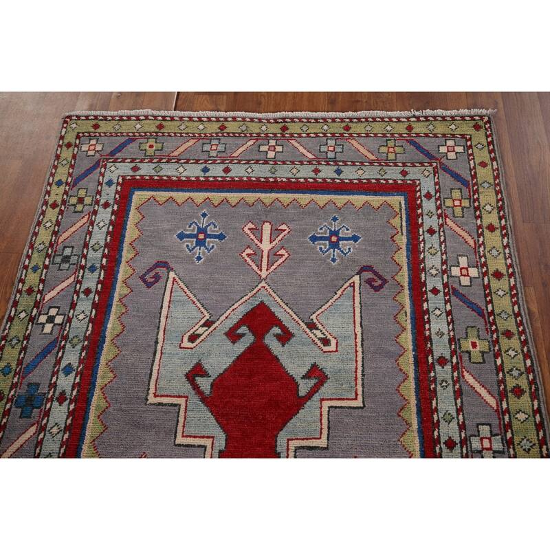 Gray Geometric Kazak Foyer Rug Handmade Oriental Wool Carpet - 3'4" x 5'5"