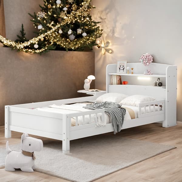 slide 2 of 9, Wood Twin Platform Bed with LED Light and Storage Headboard