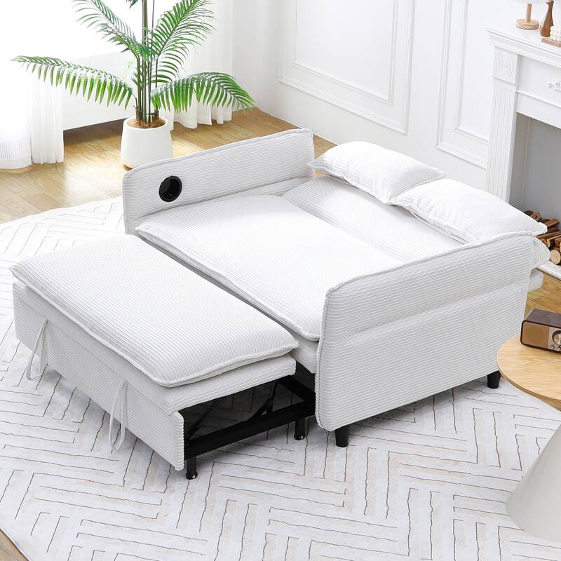 65.74-inch Beige Corduroy Multi-functional Sofa Bed with Adjustable Armrests and Backrests
