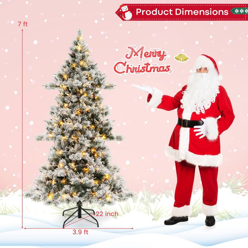 Gymax 7 FT Pre-Lit Snow-Flocked Christmas Tree Artificial Hinged Xmas