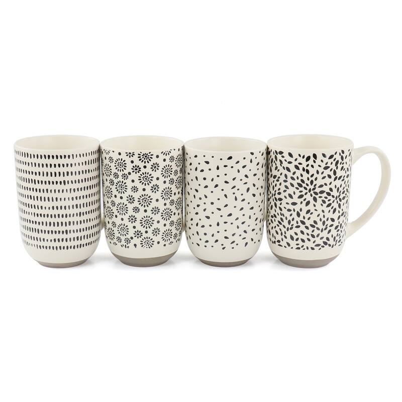 4 Piece 19 Ounce Stoneware Assorted Designs Mug Set in White