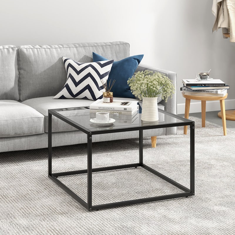 Gymax Glass Coffee Table 27.5 Inch Modern Square Metal Frame Living