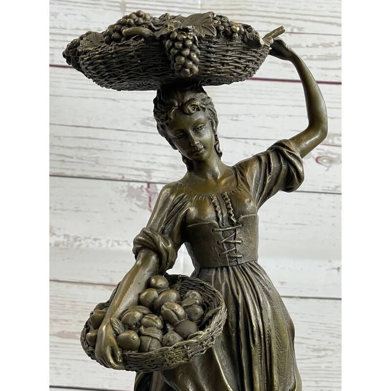 Farmer Girl Carrying Basket Of Fruits Bronze Statue Sculpture 15.5 Inches X 6 Inches