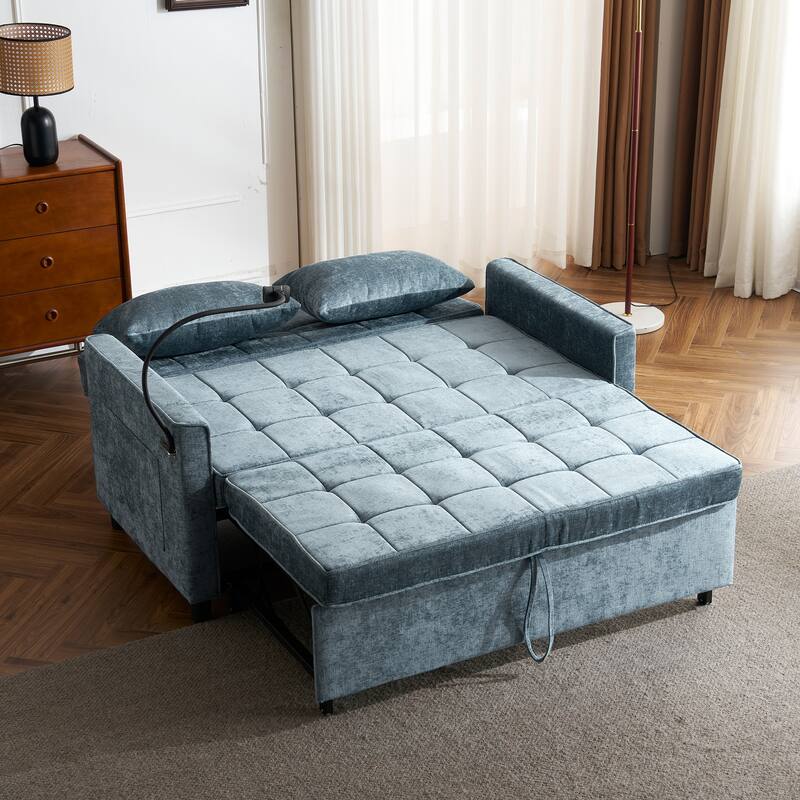 Roomfitters Loveseat Pull-Out Sofa Bed with Reversible Backrest Cushion, Side Pockets, USB Ports, and Phone Holder