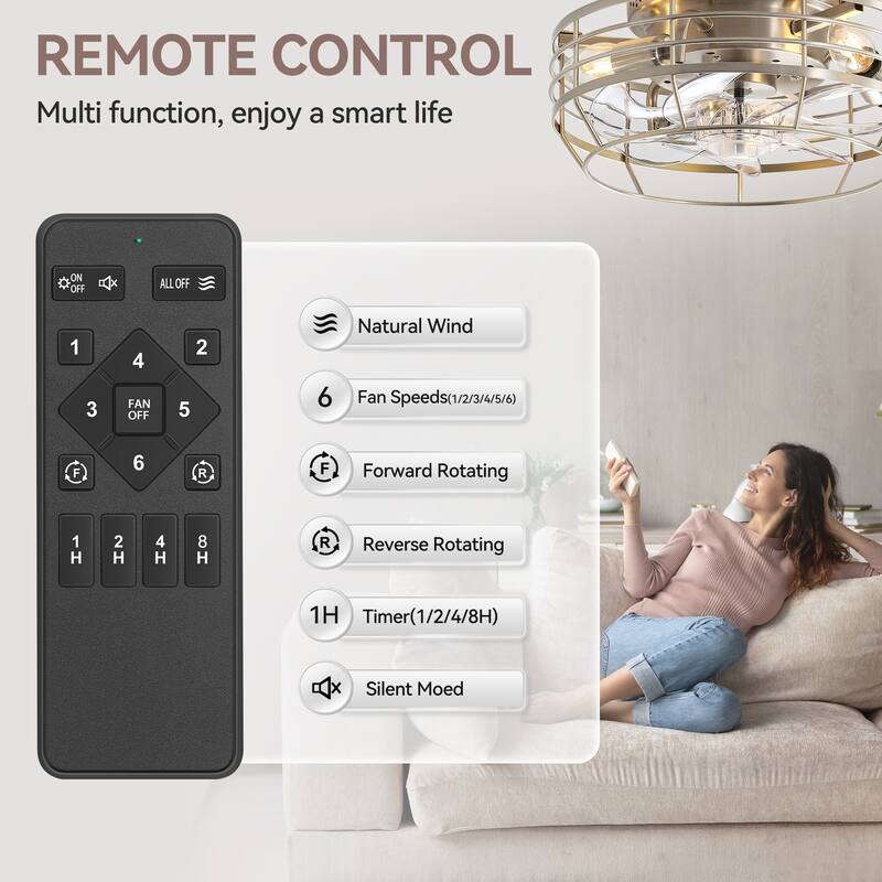 12" Low Profile Enclosed Cage Ceiling Fan with Light and Remote