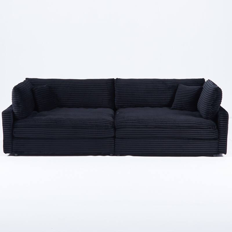 112-inch Black Corduroy Sofa with 2 Throw Pillows for Versatile Home Styles