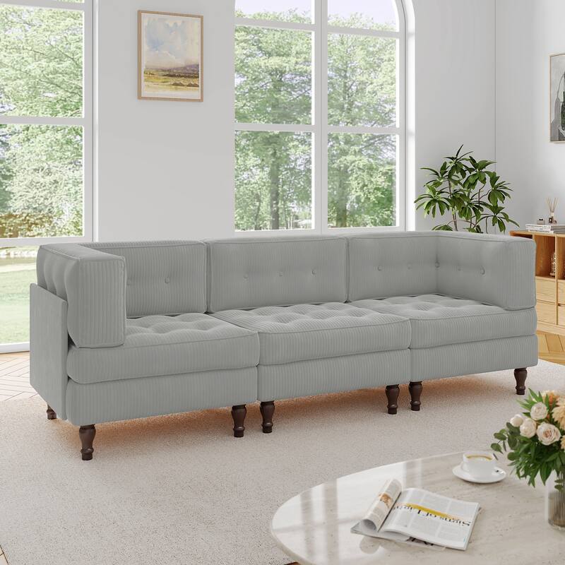 98"W Modular Upholstered Corduroy Sectional Sofa for Living Room - Light Grey