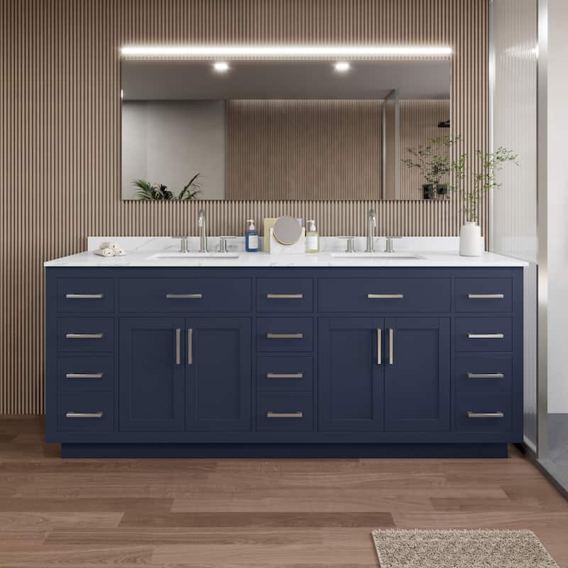 Wyndham Collection WCG262684D-QTZ-US3MXX Beckett TK 84" Free Standing - Dark Blue / Giotto Quartz Top / Brushed Nickel