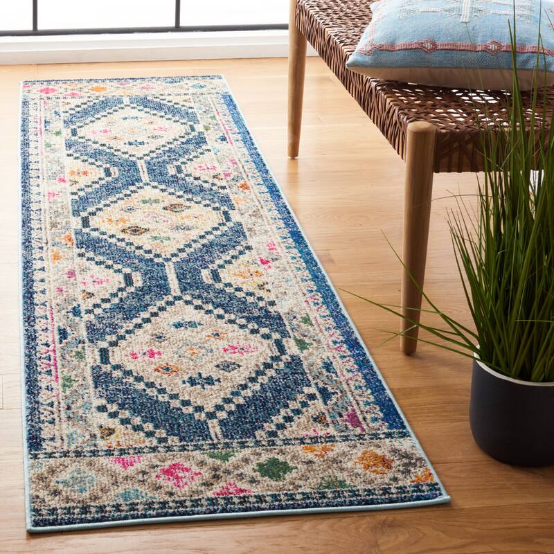 SAFAVIEH Madison Janell Boho Chic Rug - 2' x 8' Runner - Blue/Beige