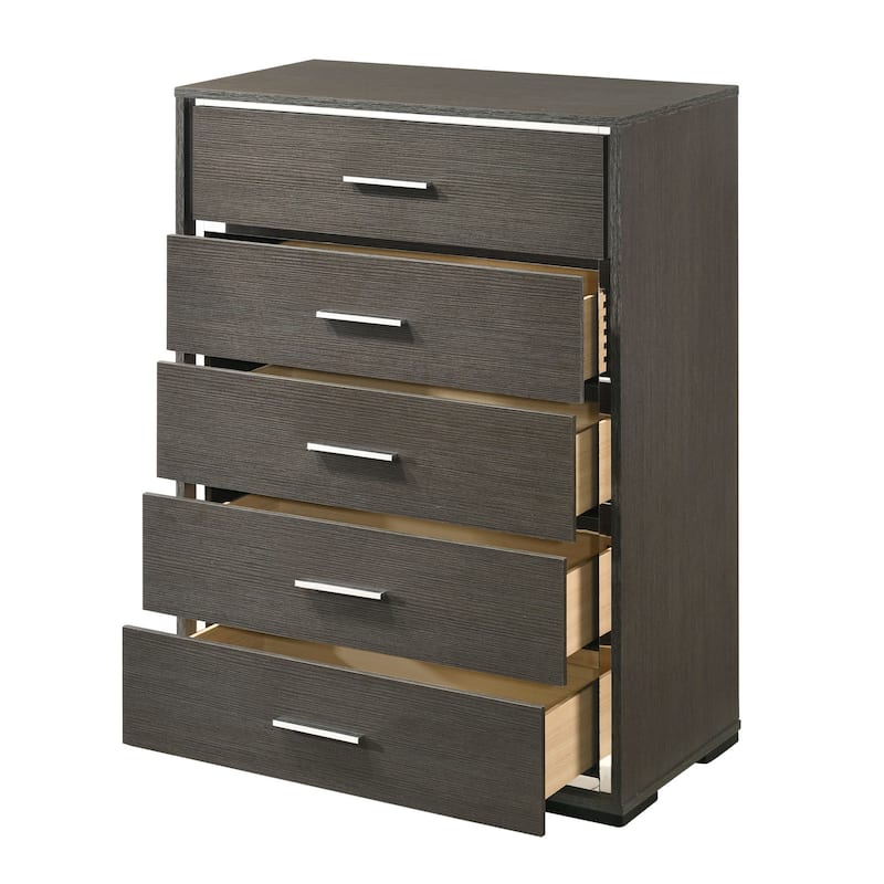 5 Drawer Wooden Chest with Mirror Trim Accents, Gray