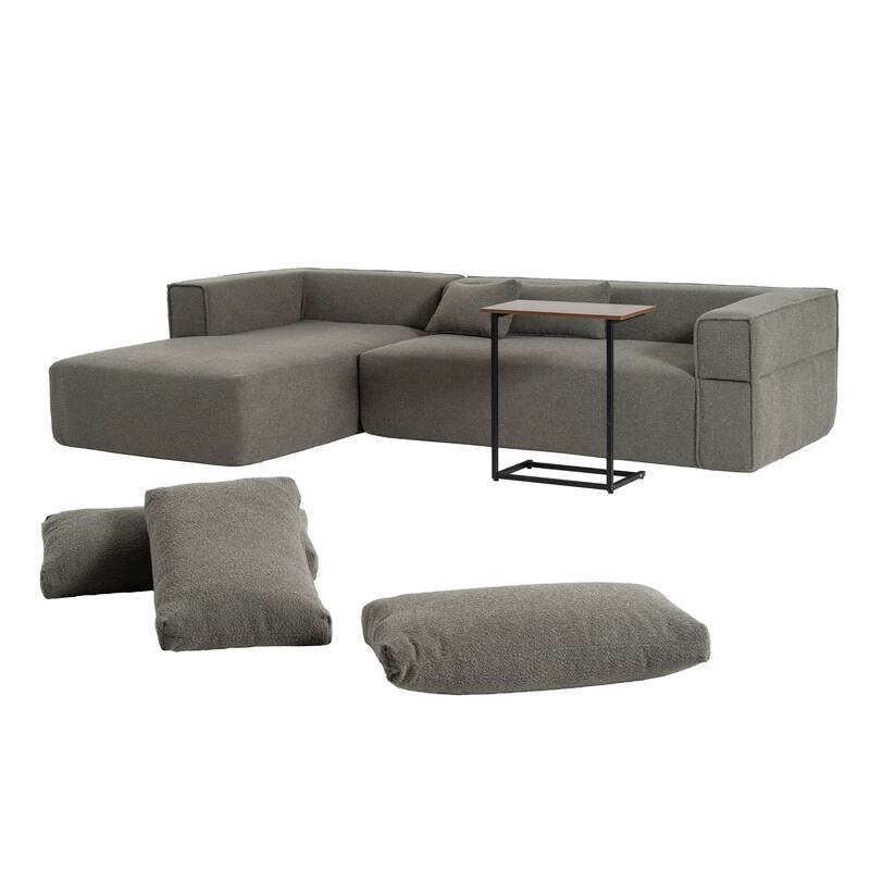 112" Grayish Green Boucle Modular Sofa, Compressed, No Assembly, Free Side Table & 2 Pillows