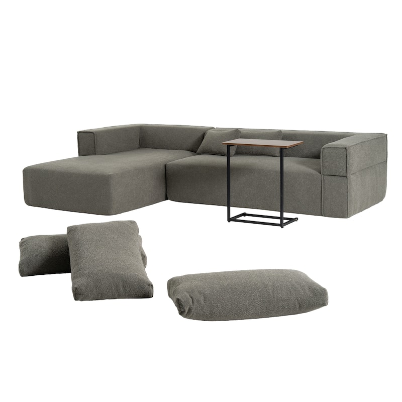 L Shaped Boucle Fabric Sectional Sofa w/ Chaise Lounge, Side Table, Pillows