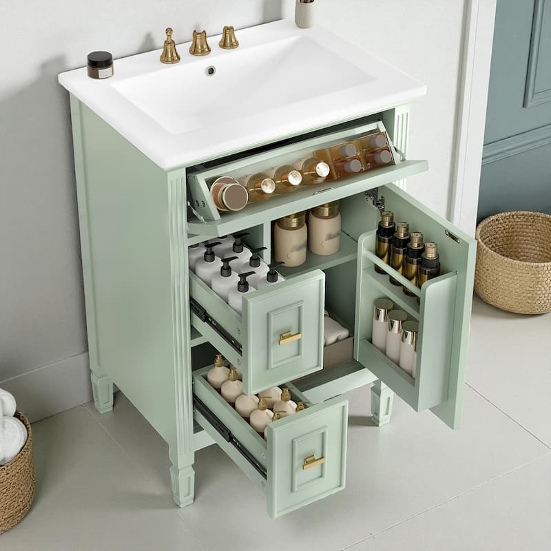 Modern 24-Inch Bathroom Vanity with Ceramic Sink, Solid Wood and MDF Cabinet with Flip Drawer, Drawers, and Adjustable Shelf
