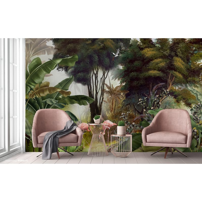 Exotic Jungle Mural Vibrant Flamingos and Tropical Foliage Design