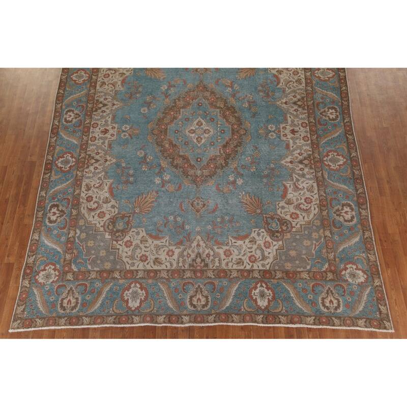 Distressed Over-Dyed Tabriz Persian Rug Antique Blue Wool Carpet - 9'5"x 11'10"