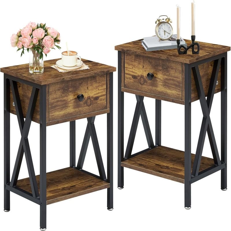 Nightstands Set of 2 Modern Bedside End Tables Dark Black - Antique Brown